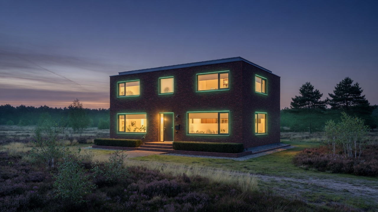 Moderne woning in de Kempen bij blauwe avond