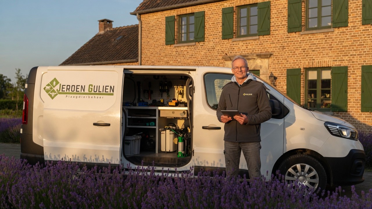 Technicus bij servicewagen bij een woning