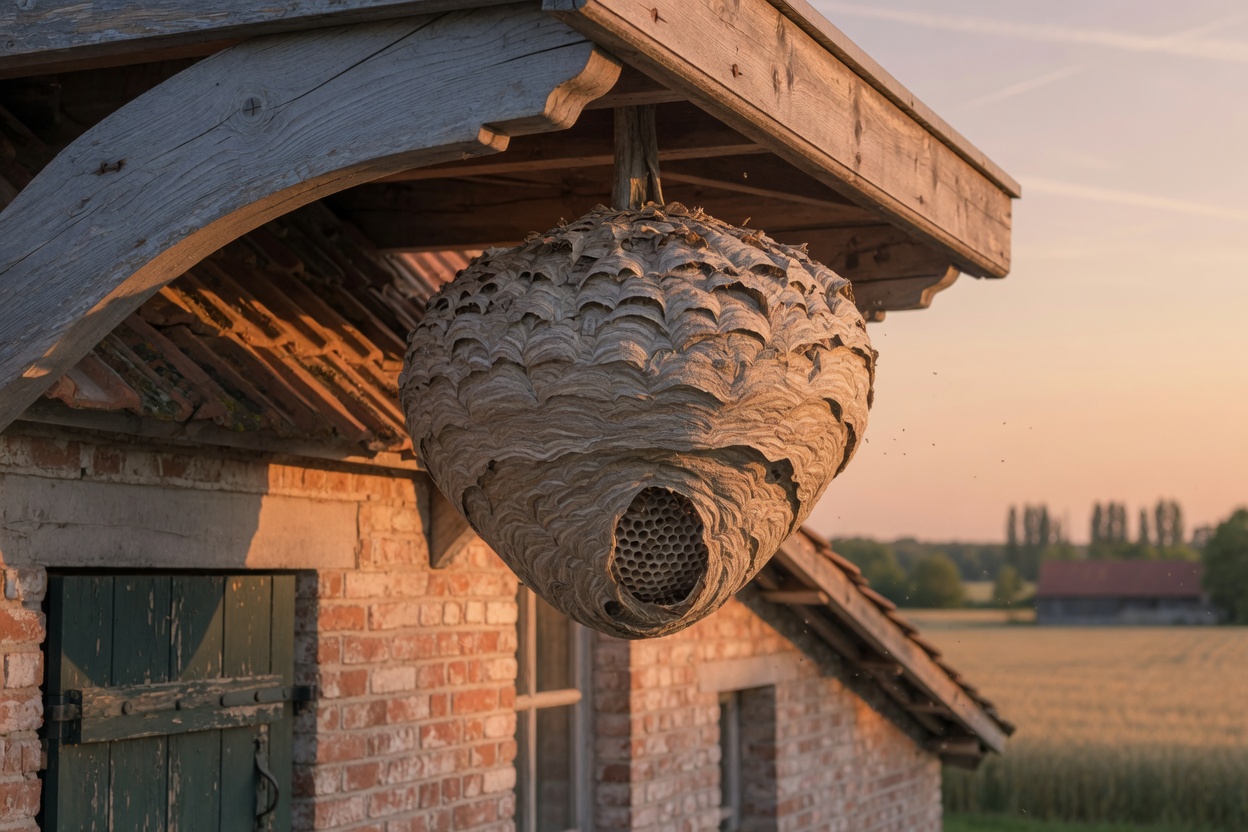 Wespennest onder de dakrand bij zonsondergang